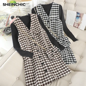 Korean 2019 Autumn Winter Women 2pc Set Suit Solid Beige/Black Knit Blouse Sweater + Single Breasted Houndstooth Plaid Dress 
Korean 2019 Autumn Winter Women 2pc Set Suit Solid Beige/Black Knit Blouse Sweater + Single Breasted Houndstooth Plaid Dress