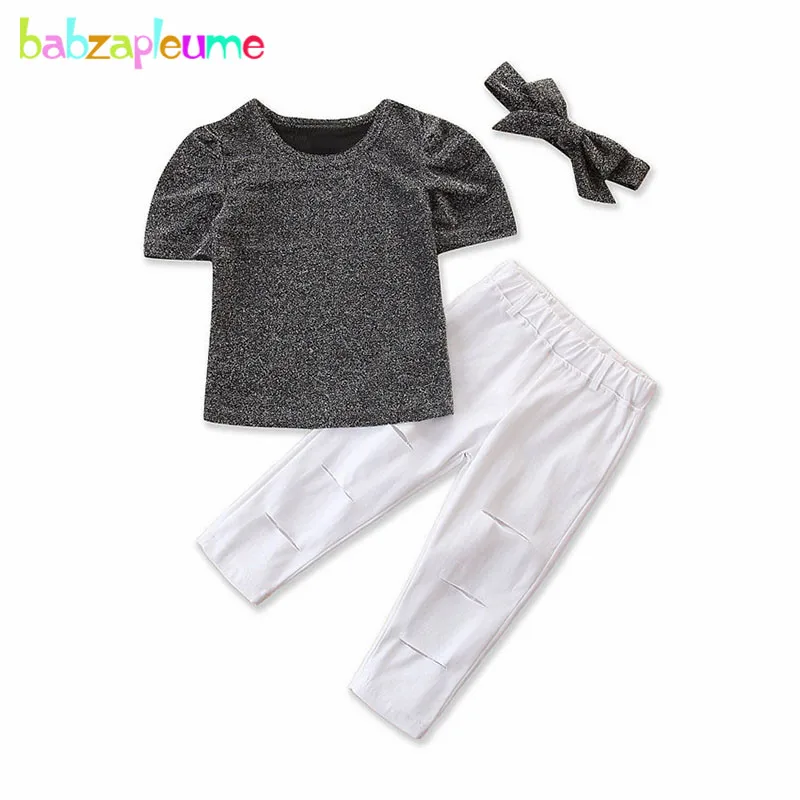 

3Piece/1-6Years/2020 New Summer Outfits Children Clothes Short Sleeve T-shirt+Hole Pants+Headband Baby Girls Clothing Set BC1613