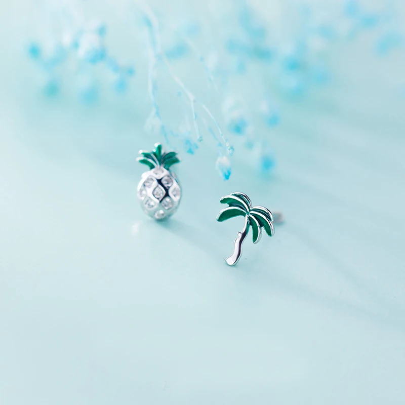 

MloveAcc 100% 925 Sterling Silver Jewelry Fashion Asymmetric Fruit Pineapple Coconut Trees Stud Earrings for Daughter Girls