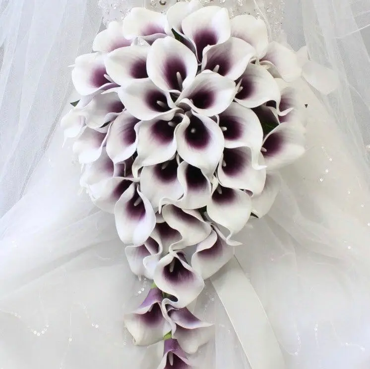 

EillyRosia Cascading Cala Lily Bridal Bouquet Purple White Gradient Waterfall Wedding Bouquet for Bride Holding Flowers Chic