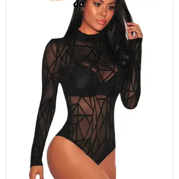Women Lace Black Sheer Mesh Bodysuit Sheer Mesh Turtleneck Long Sleeve Leotard See-through Slim Romper Ladies' Summer Jumpsuit
