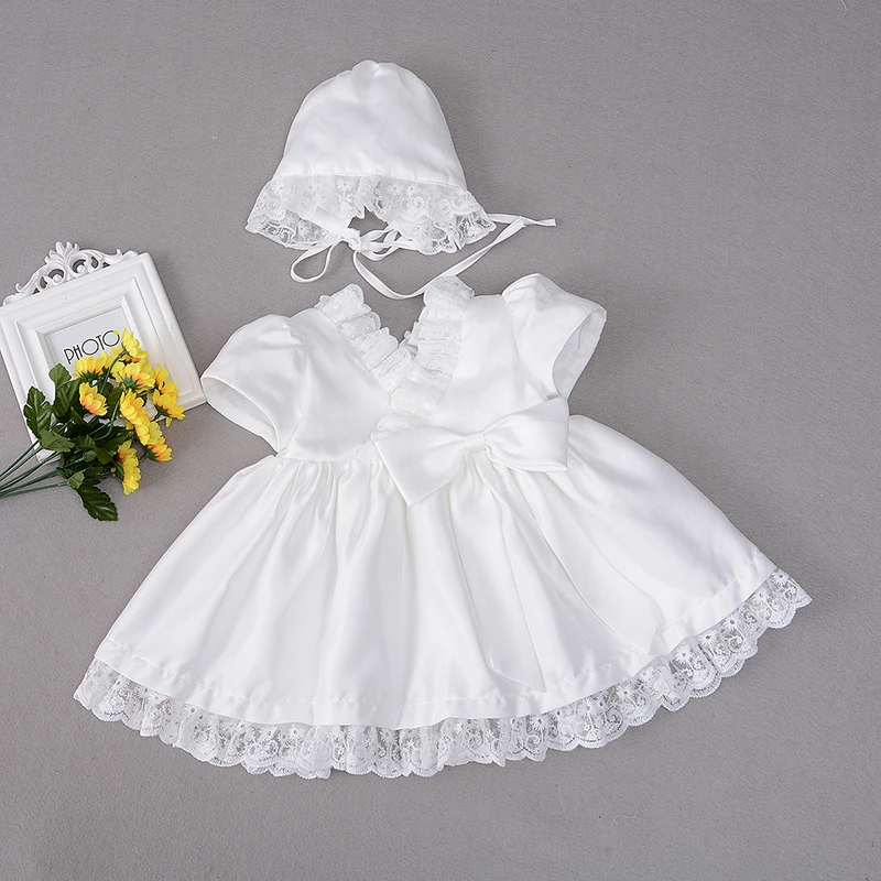 

Baby Girl Baptism Dress with Bonnet Hat Newborn Baptismal Outfits White Satin Lace Trim Formal Clothes Baby Christening Dress