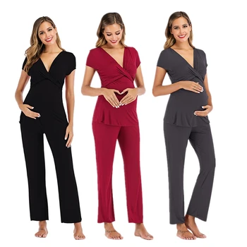 

Pregnancy Clothes Pyjamas Women Cotton Modal Pajama Sexy V Neck Breastfeeding Nightgown Elastic Waist Adjustable Pants Comfy Set