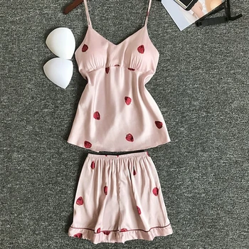 Pajamas women's shorts suspenders set with chest pads home two-piece cute print loose camisole thin section bathrobe халатик
Pajamas women's shorts suspenders set with chest pads home two-piece cute print loose camisole thin section bathrobe халатик