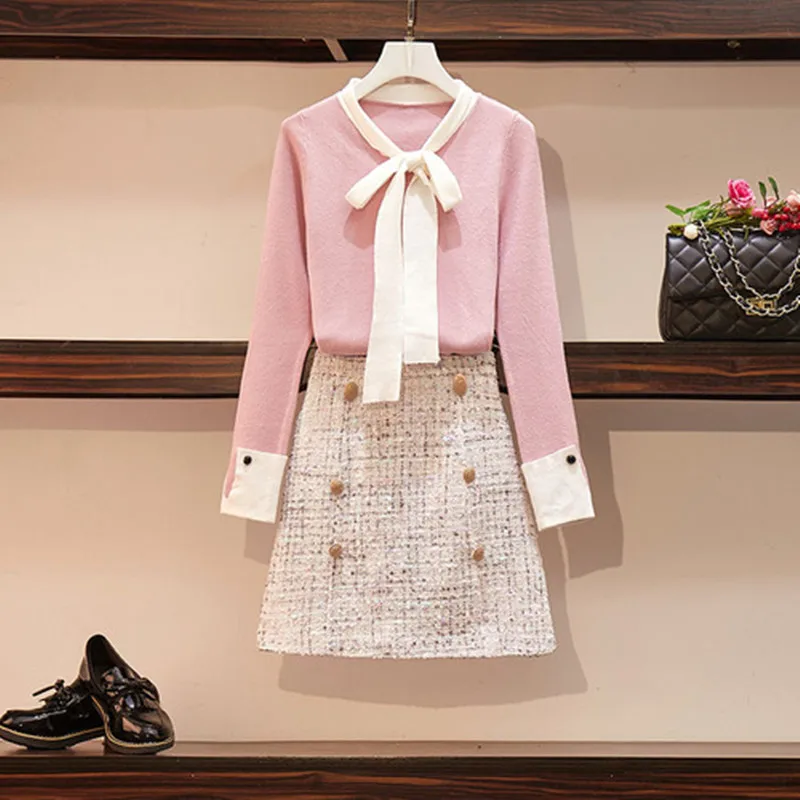 S-XL Autumn Winter 2 Piece Set Tracksuit Women Elegant Sweet Bow Tie Collar knitwear Top+High Waist Tweed Skirt Ladies Outfits
S-XL Autumn Winter 2 Piece Set Tracksuit Women Elegant Sweet Bow Tie Collar knitwear Top+High Waist Tweed Skirt Ladies Outfits