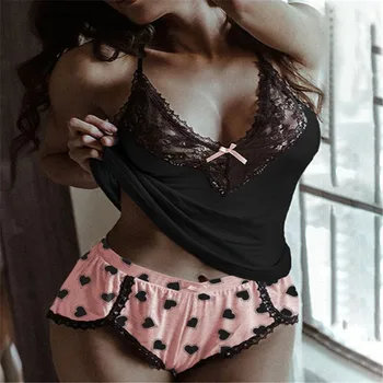2Pcs Lace Sexy Pajamas Set for Women Heart Print Summer Pajamas Transparent Suspenders Top and Shorts Lace Pajamas Set Mujer
2Pcs Lace Sexy Pajamas Set for Women Heart Print Summer Pajamas Transparent Suspenders Top and Shorts Lace Pajamas Set Mujer