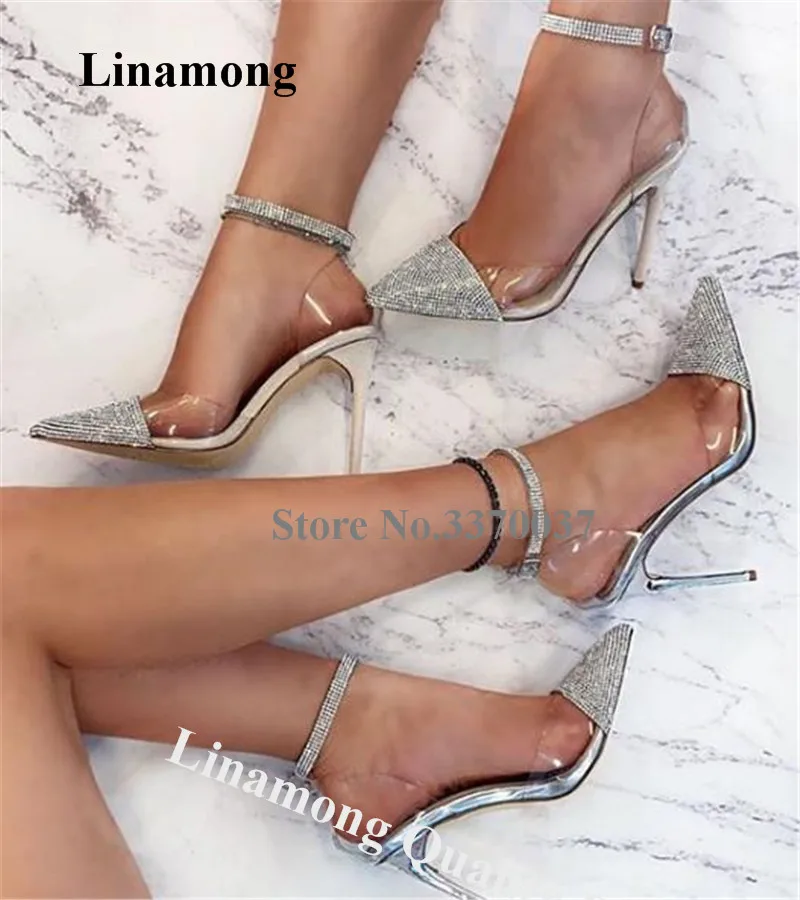 

Linamong Shining Bling Bling Pointed Toe Rhinestone Stiletto Heel PVC Pumps Silver Crystal Pachwork High Heels Wedding Shoes