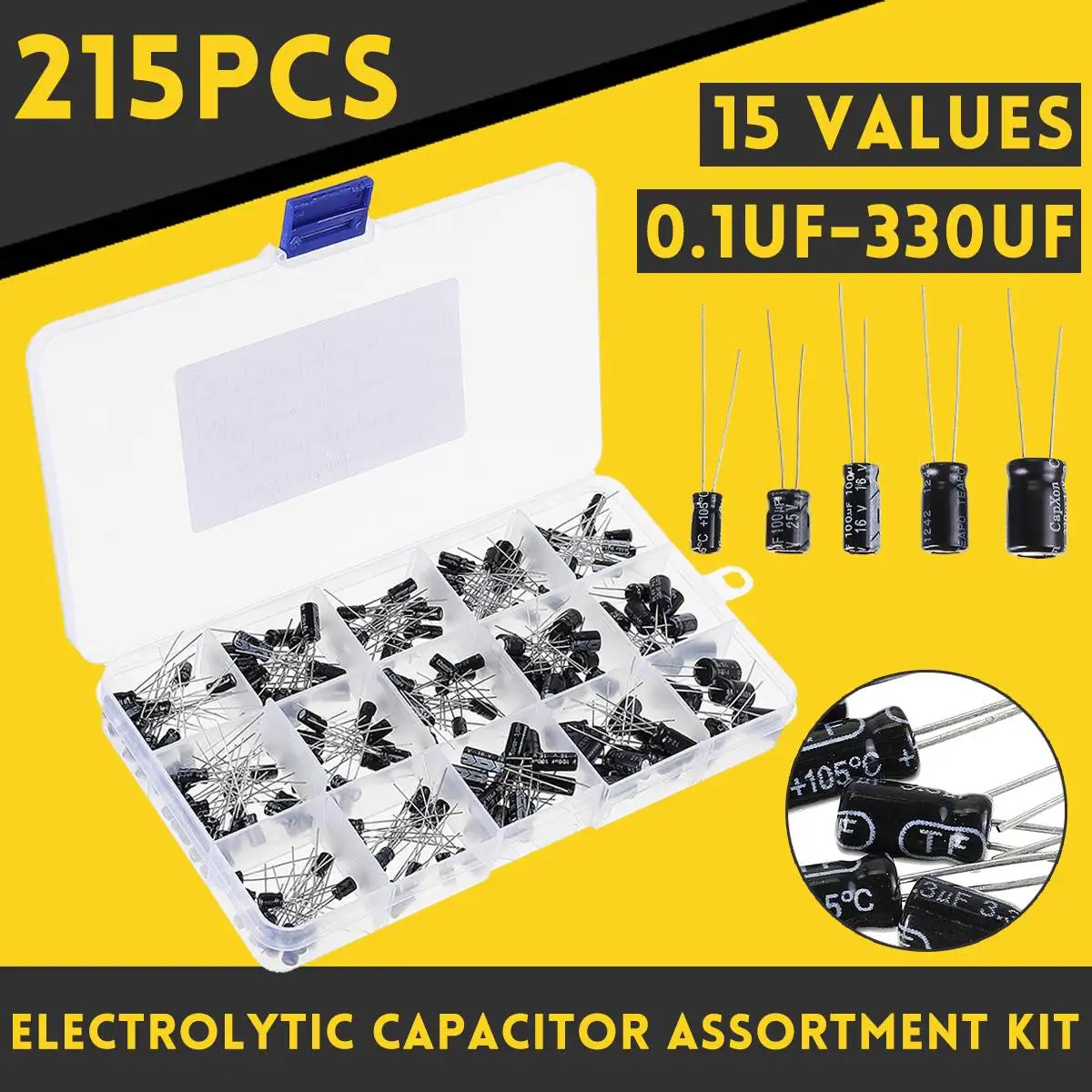 Capacitor 215Pcs 15 Values Kit Electrolytic Capacitor Organization Storage 0.1UF-330UF Capacitors Assortment Box Kit Hot Sale
Capacitor 215Pcs 15 Values Kit Electrolytic Capacitor Organization Storage 0.1UF-330UF Capacitors Assortment Box Kit Hot Sale