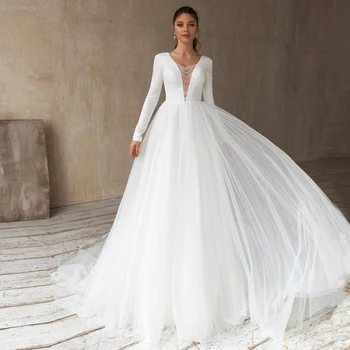Modest Wedding Dresses Elegant Long Sleees Satin Tulle Bride Gown Beading V Neck Backless Satin Tulle Bridal Dress 
Modest Wedding Dresses Elegant Long Sleees Satin Tulle Bride Gown Beading V Neck Backless Satin Tulle Bridal Dress