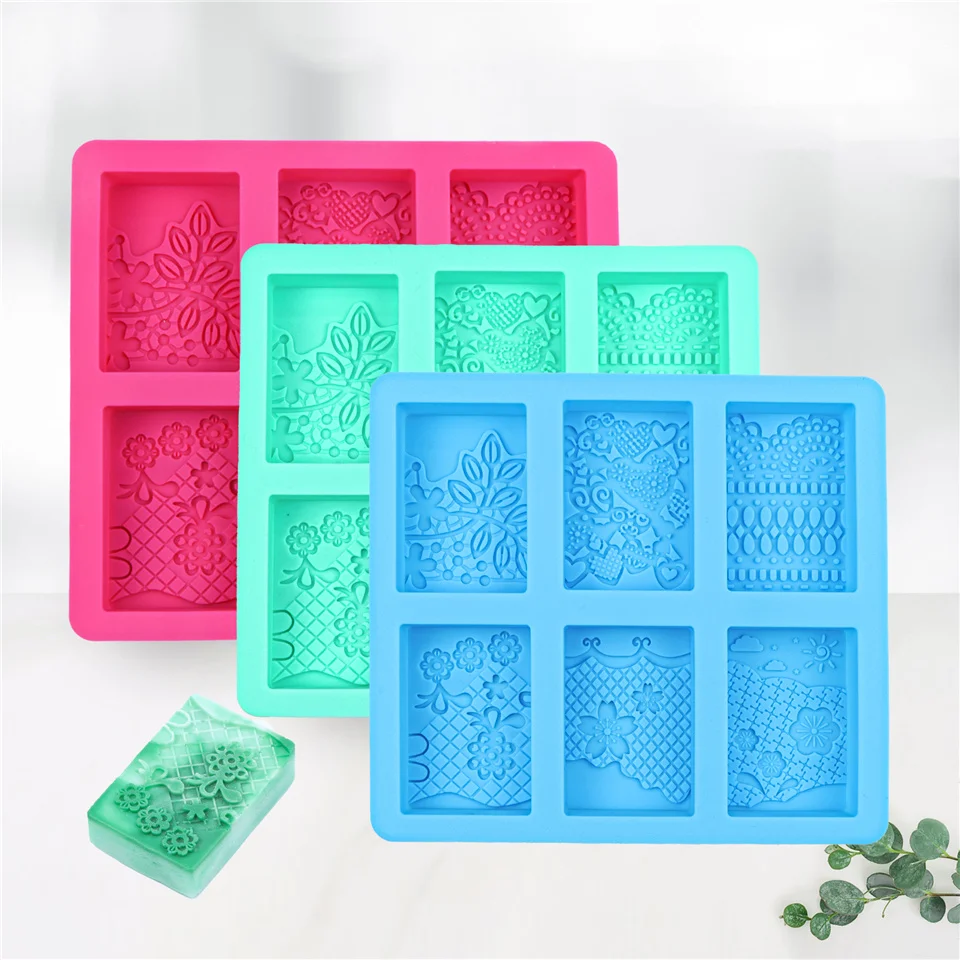 

6 Hole Lace Pattern Silicone Soap Mold Flowers 3D Stereo Square Aroma Resin DIY Hanmade Decorating Plaster Crystal Candle Mould