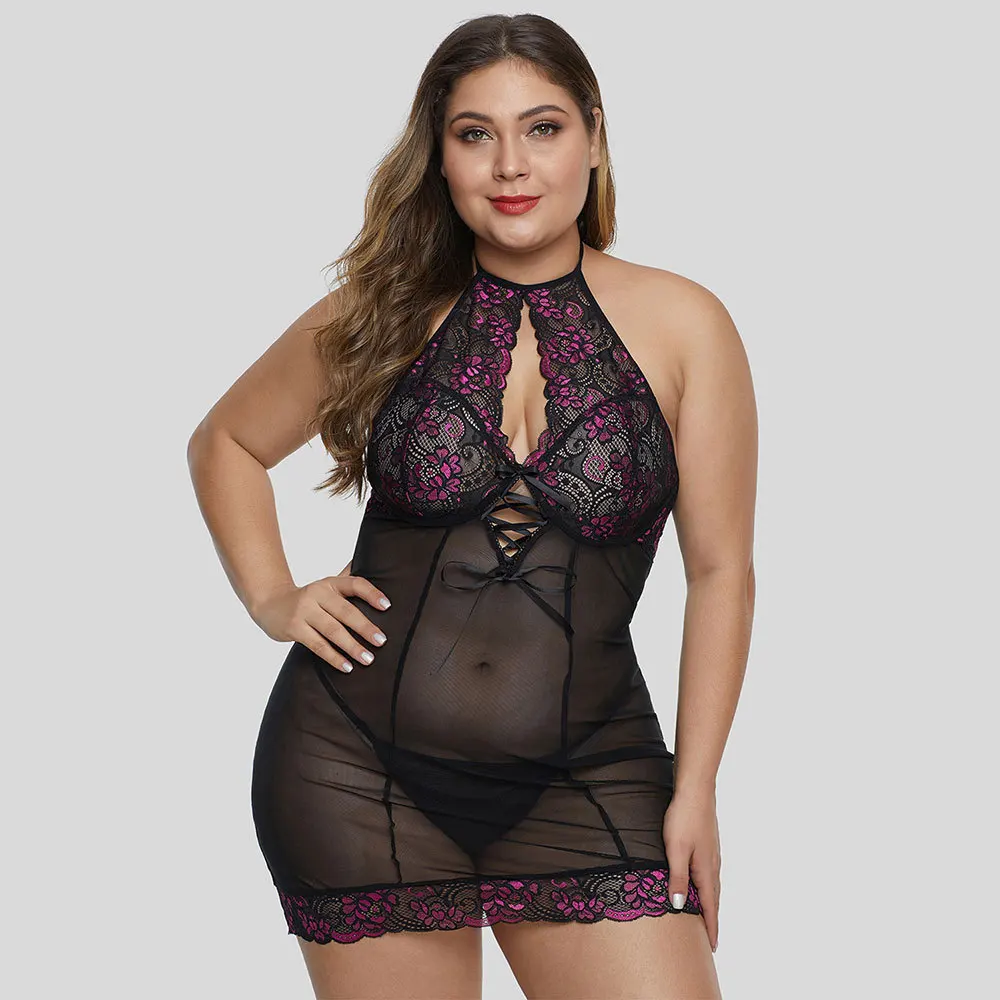 Europe And America Fat Plus-sized Tracksuit Women's Sexy Halter Transparent Lace Flower Two Pieces Sexy Nightgown 31272
Europe And America Fat Plus-sized Tracksuit Women's Sexy Halter Transparent Lace Flower Two Pieces Sexy Nightgown 31272