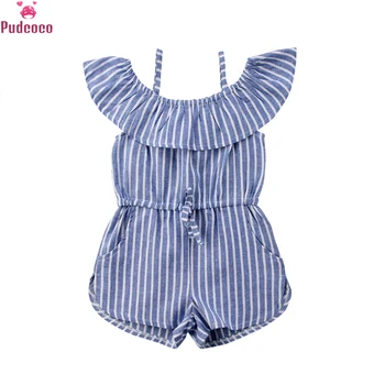 

Children Kids Toddler Clothes Baby Girls Striped Off Shoulder Rompers Jumpsuit Pocket Ruffled Overalls Sunsuit Outfit 1-6Y