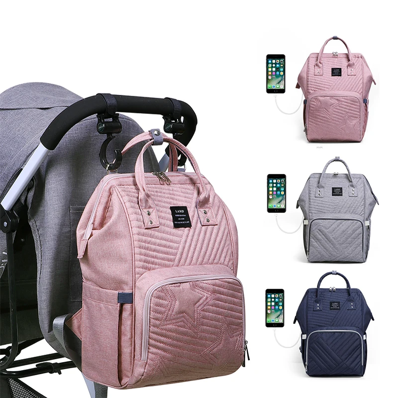 

New Mommy Diaper Bags Landuo Mother Large Capacity Travel Nappy Backpacks with USB cable Convenient Baby Nursing stroller Bags