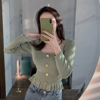 Candy Color Lotus Leaf-Edge Knit Long Sleeve Short Design Sweater Pullover Women Female Girls Autumn Spring Students Button Top 
Candy Color Lotus Leaf-Edge Knit Long Sleeve Short Design Sweater Pullover Women Female Girls Autumn Spring Students Button Top