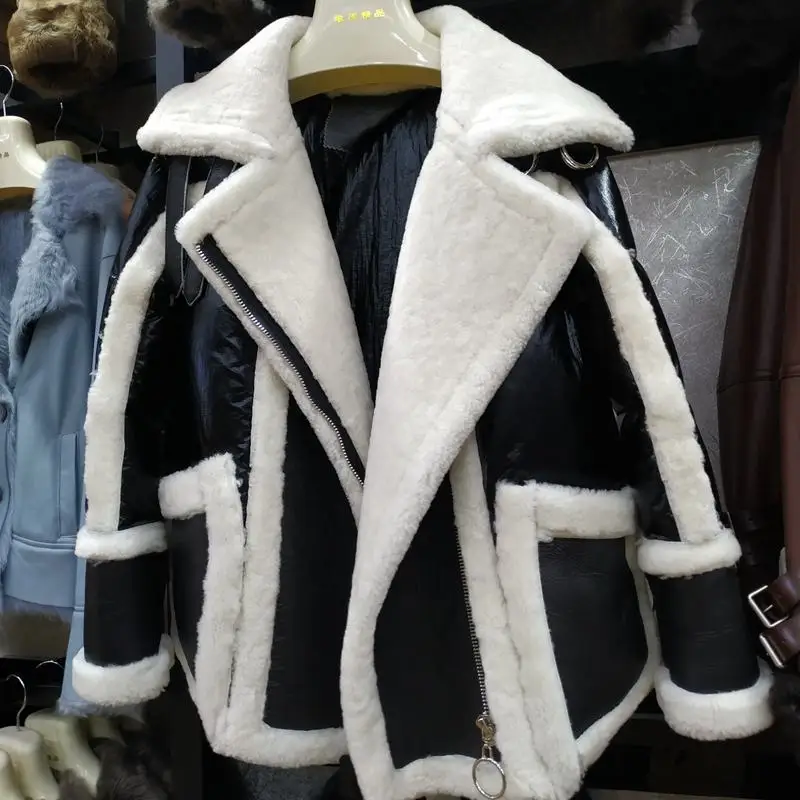Winter Women Coat Genuine Sheepskin Leather Sheep Fur Duck Down Coat Female Jackets Silver Color Loose Size Turn Down Collar (9)
