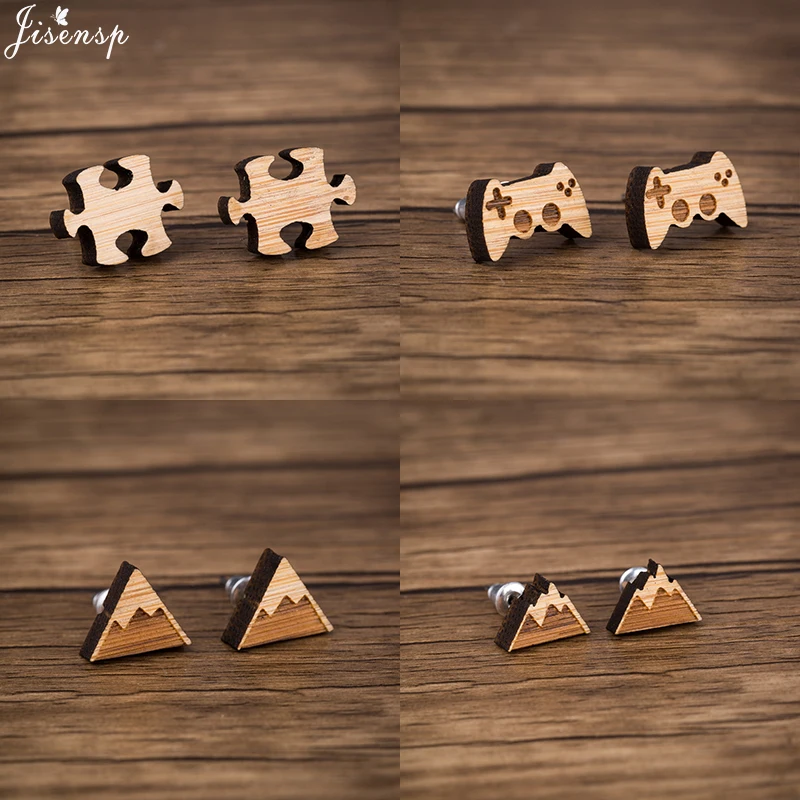Jisensp Simple Design Punk Puzzle Wooden Earrings Unique Fashion Gamepad Stud Earrings for Women Friends Jewelry Gift bijoux