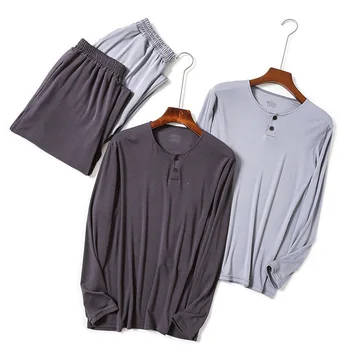 Men's Modal Two Piece pajamas Button o neck Long Sleeve Shirt Loose Four Seasons Home Casual long Pants elastic waist plus size
Men's Modal Two Piece pajamas Button o neck Long Sleeve Shirt Loose Four Seasons Home Casual long Pants elastic waist plus size