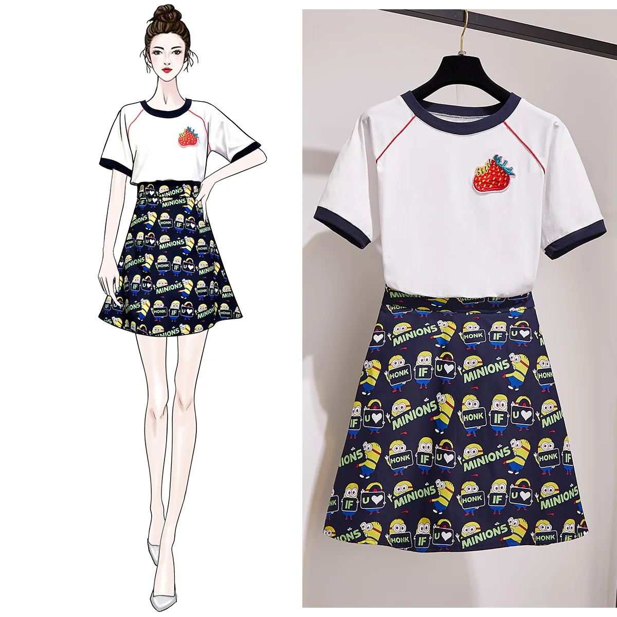2019chic Retro Contrast Color Stereo Strawberry Short Sleeve T-shirt Slimming Tops + High-waisted Cartoon Printed A- line Skirt
2019chic Retro Contrast Color Stereo Strawberry Short Sleeve T-shirt Slimming Tops + High-waisted Cartoon Printed A- line Skirt