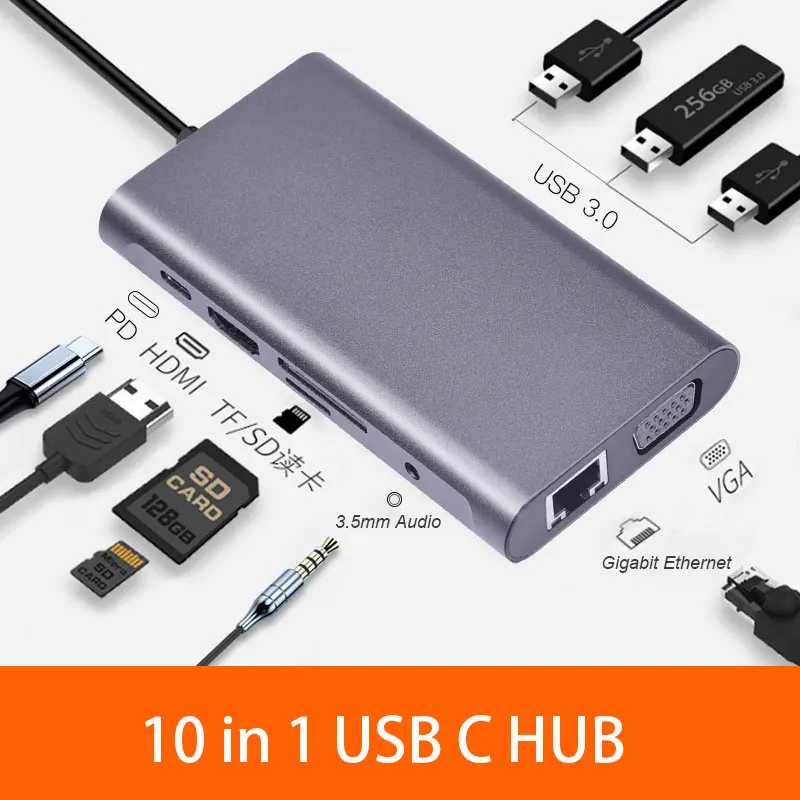 USB C HUB 10 in 1 Type-C HUB to USB 3.0 Thunderbolt 3 HDMI PD VGA TF SD Gigabit Ethernet 3.5mm Audio Adapter for MacBook Pro
USB C HUB 10 in 1 Type-C HUB to USB 3.0 Thunderbolt 3 HDMI PD VGA TF SD Gigabit Ethernet 3.5mm Audio Adapter for MacBook Pro