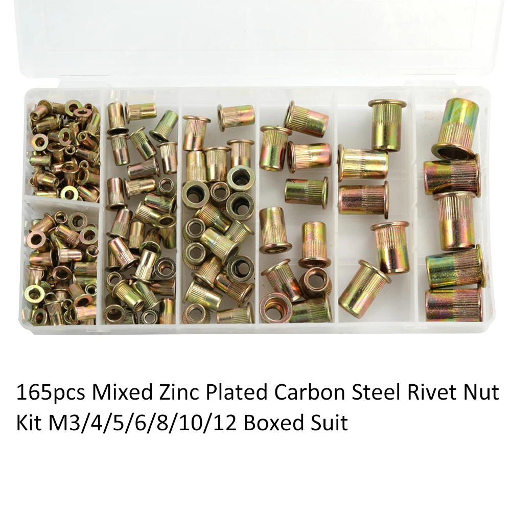 165pcs Mixed Zinc Plated Carbon Steel Rivet Nut Kit Tools Set M3/4/5/6/8/10/12 Boxed Suit
165pcs Mixed Zinc Plated Carbon Steel Rivet Nut Kit Tools Set M3/4/5/6/8/10/12 Boxed Suit