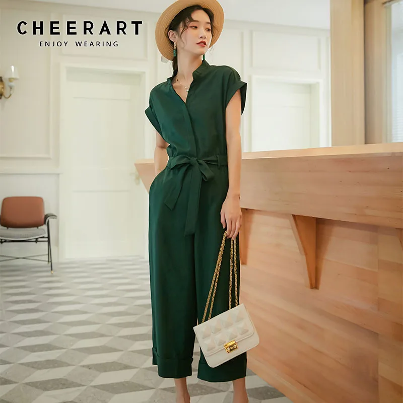 CHEERART Green Summer Jumpsuit Women Lace Up Button Collared Romper Korean Overalls For One Piece |