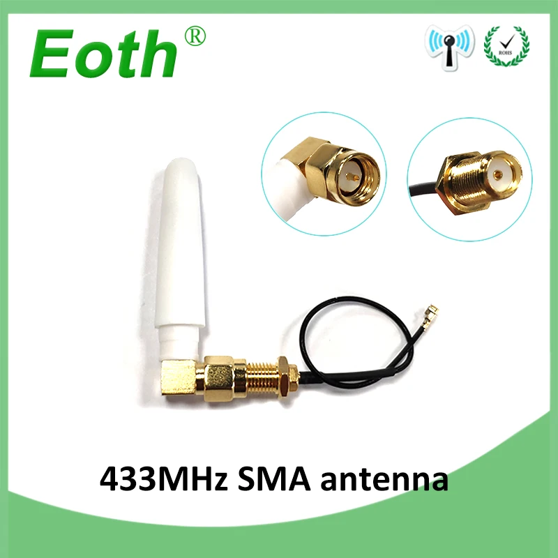 433MHz Antenna 2.5dbi SMA Male Connector 433 MHz antena Small size elbow 433m antenne Lorawan + 21cm RP-SMA/u.FL Pigtail Cable
433MHz Antenna 2.5dbi SMA Male Connector 433 MHz antena Small size elbow 433m antenne Lorawan + 21cm RP-SMA/u.FL Pigtail Cable