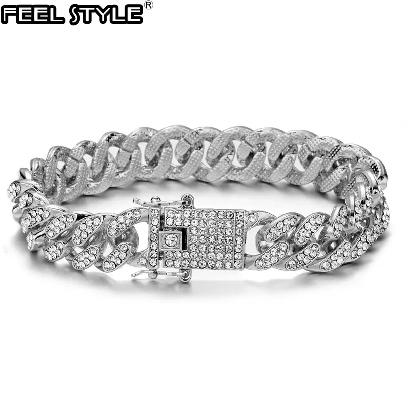 

Full AAA Rhinestone Bling Miami Cuban Chain Iced Out Men's Bracelet Zircon Paved Bracelets for Men Hip Hop Jewelry