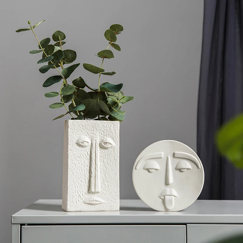 

Modern Creative Ceramic Vase Simulation Plant Living Room TV Cabinet Ornaments Nordic Style Home Decoration Face Art Sculpture