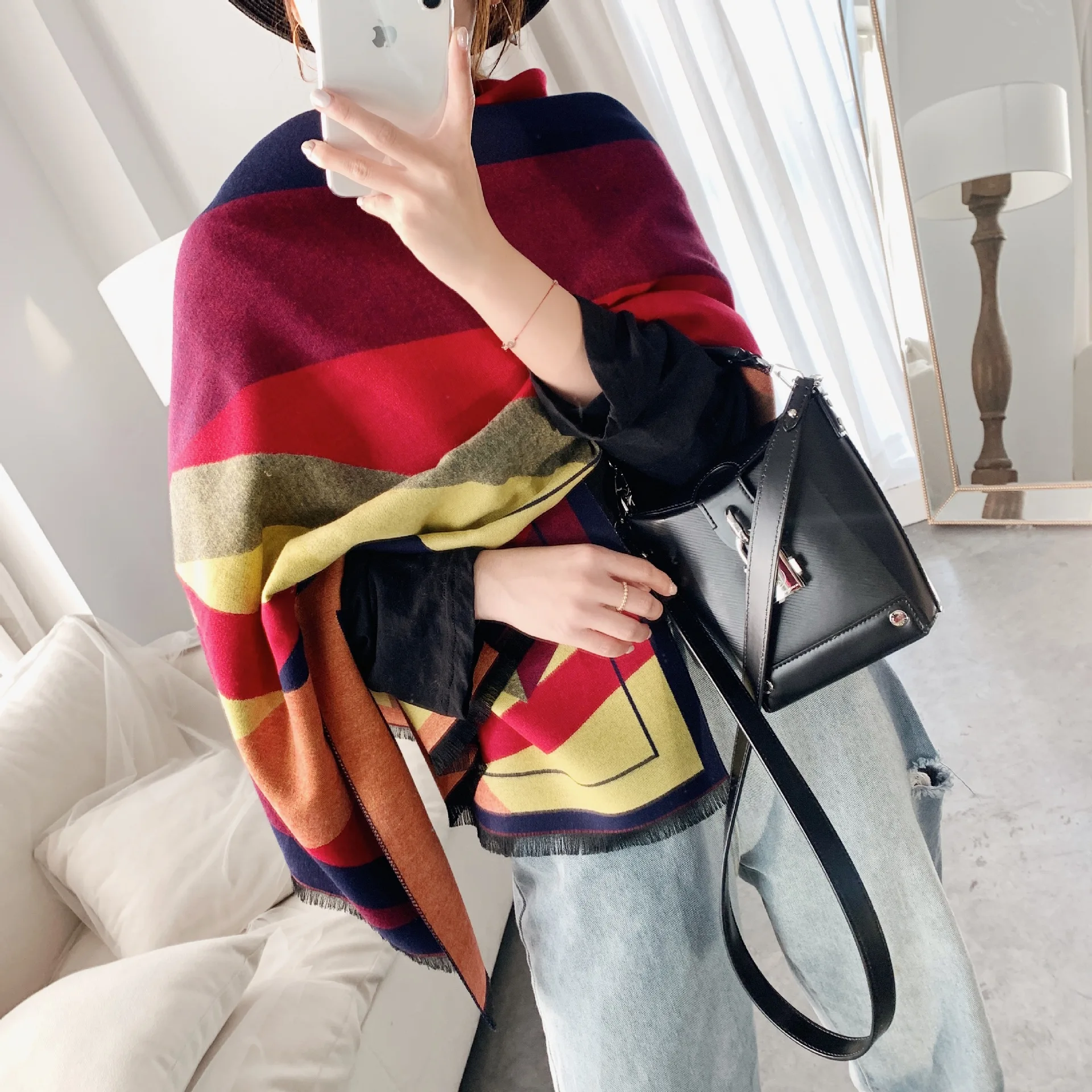 imitation cashmere scarf female color matching geometric pattern short beard shawl double side extended twill neck
imitation cashmere scarf female color matching geometric pattern short beard shawl double side extended twill neck