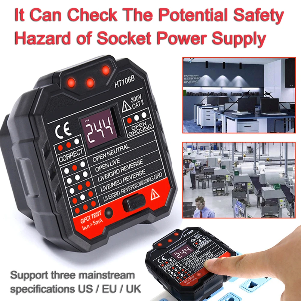 HT106 Socket Outlet Tester Circuit Polarity Voltage Wall Plug Breaker Finder UK EU US Plug Ground Zero Line Plug Polarity Phase
HT106 Socket Outlet Tester Circuit Polarity Voltage Wall Plug Breaker Finder UK EU US Plug Ground Zero Line Plug Polarity Phase