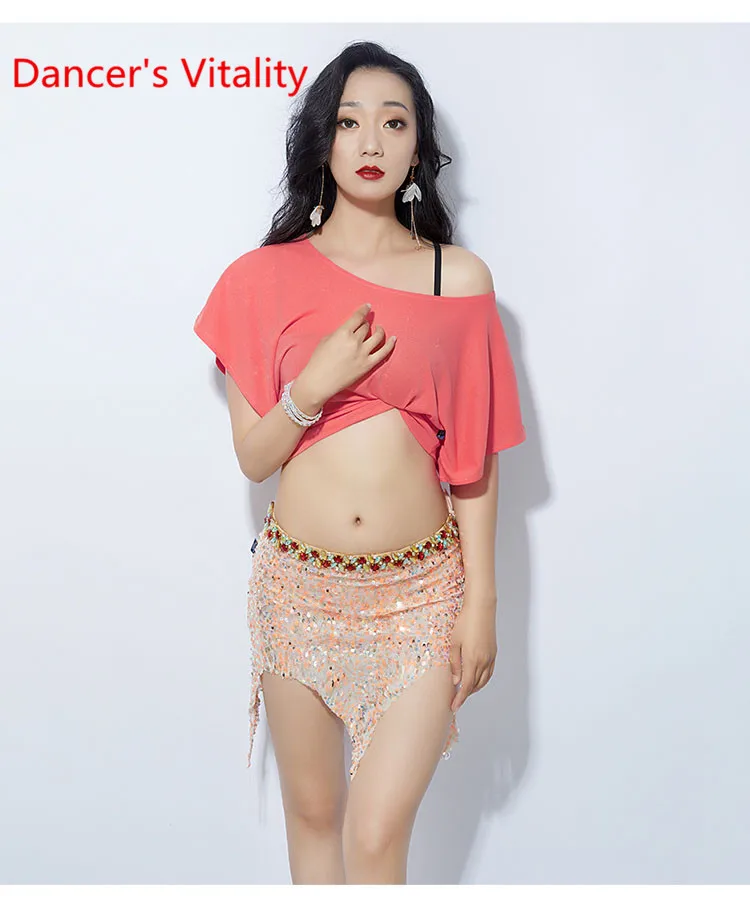 

Belly Dancer Sequined Short Skirt Suit Training Set Bling Short Sleeves Top 2pecie With Underwear Bellydance Outfit Oriental Dan