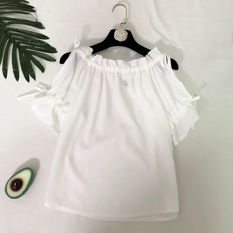 Girls Sweet Off-the-shoulder Tie With A Collar Solid Color Was Thin Wild Chiffon Short-sleeved T-shirt
Girls Sweet Off-the-shoulder Tie With A Collar Solid Color Was Thin Wild Chiffon Short-sleeved T-shirt
