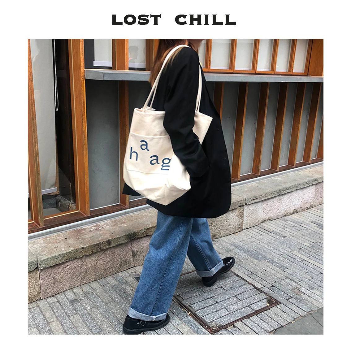 

Lost Chill Women Shoulder Canvas Bag Korean Letters Print Shopper Tote Bag Chic Cloth Eco Handbag Large Shopping Bag For Girl