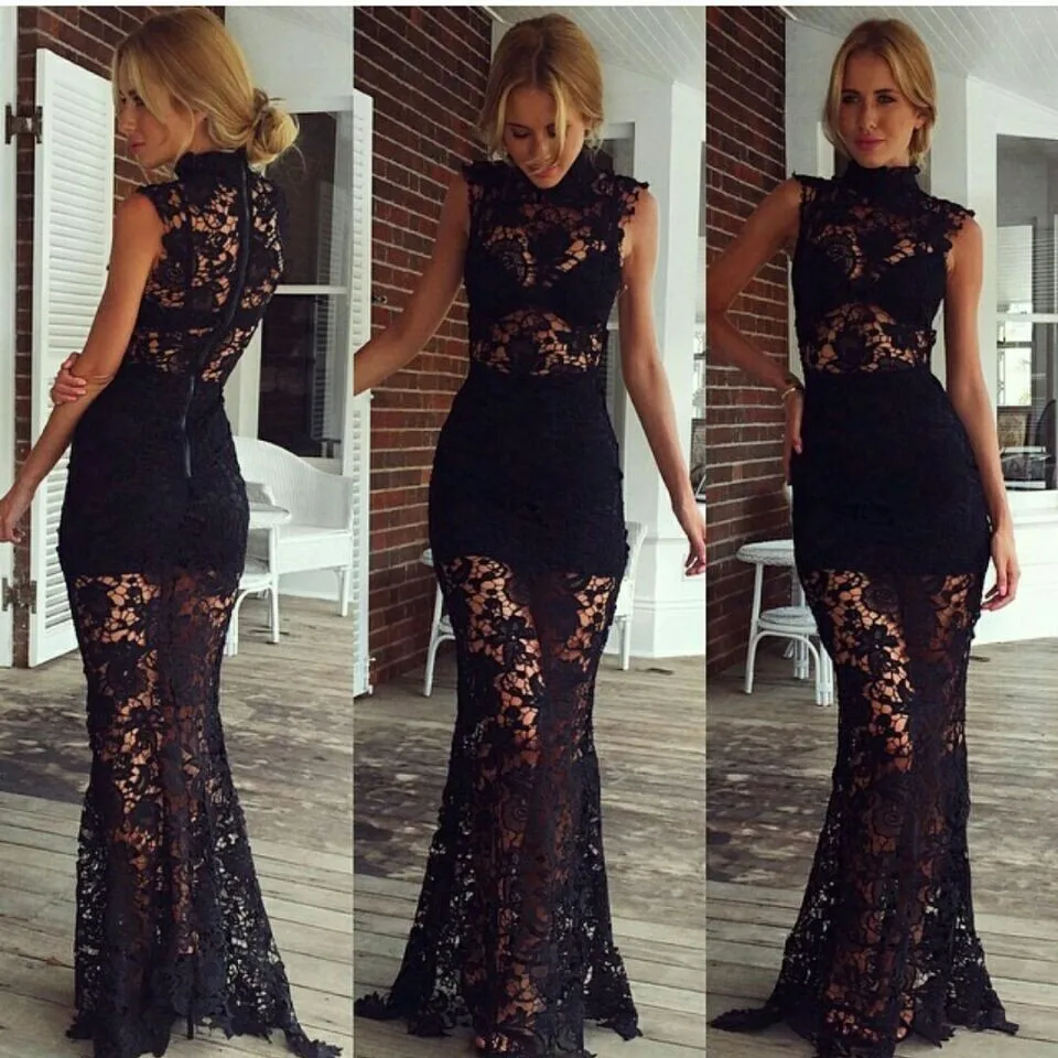 

party prom women summer highneck vestido de renda fashion sexy black long lace evening free shipping mother of the bride dresses