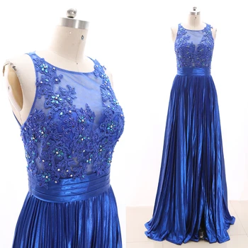 

MACloth Blue Pleated O Neck Floor-Length Long Embroidery Tulle Prom Dresses Dress M 268675 Clearance