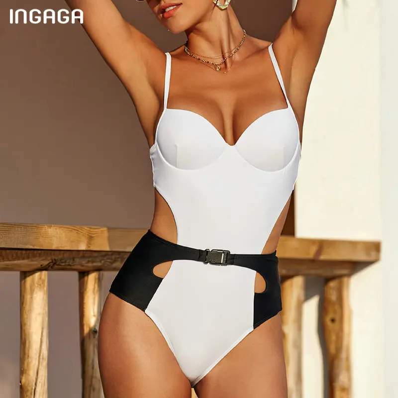 

INGAGA Push Up One Piece Swimsuit Cut Out Swimwear Women Patchwork Belt Monokini Bathing Suit Sexy 2020 New Beach Bodysuit