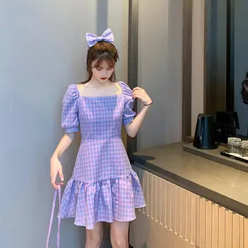France Summer Dress Elegant Square Collar Sweet Short Puff Sleeve Vintage Plaid Dress Cute Cascading Ruffle Fresh Purple Dress 
France Summer Dress Elegant Square Collar Sweet Short Puff Sleeve Vintage Plaid Dress Cute Cascading Ruffle Fresh Purple Dress
