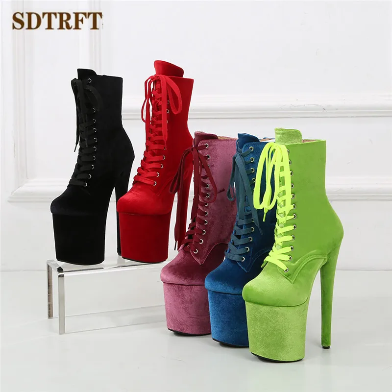 

SDTRFT Lace up Stilettos 20cm Thin Heels Ankle boots Platforms Shoes Woman Botas Mujer Nightclub Cosplay Suede Candy Color Pumps