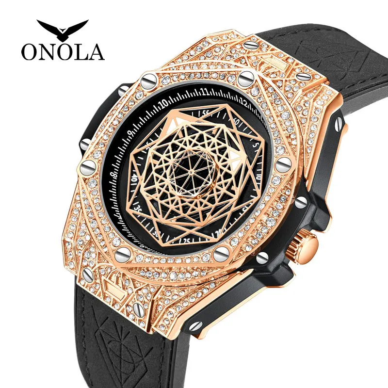 Top Luxury Brand Watch for Men Big Diamond Leather Analog fashion gold Watches Quartz Wristwatch Relogio Masculino | Наручные часы