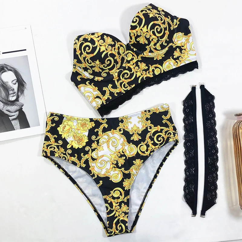 Sexy High Waist Bikini 2020 Female Swimsuit Women Swimwear Two-pieces Bikini set Lace Straps Bather Yellow Print Bathing Suit