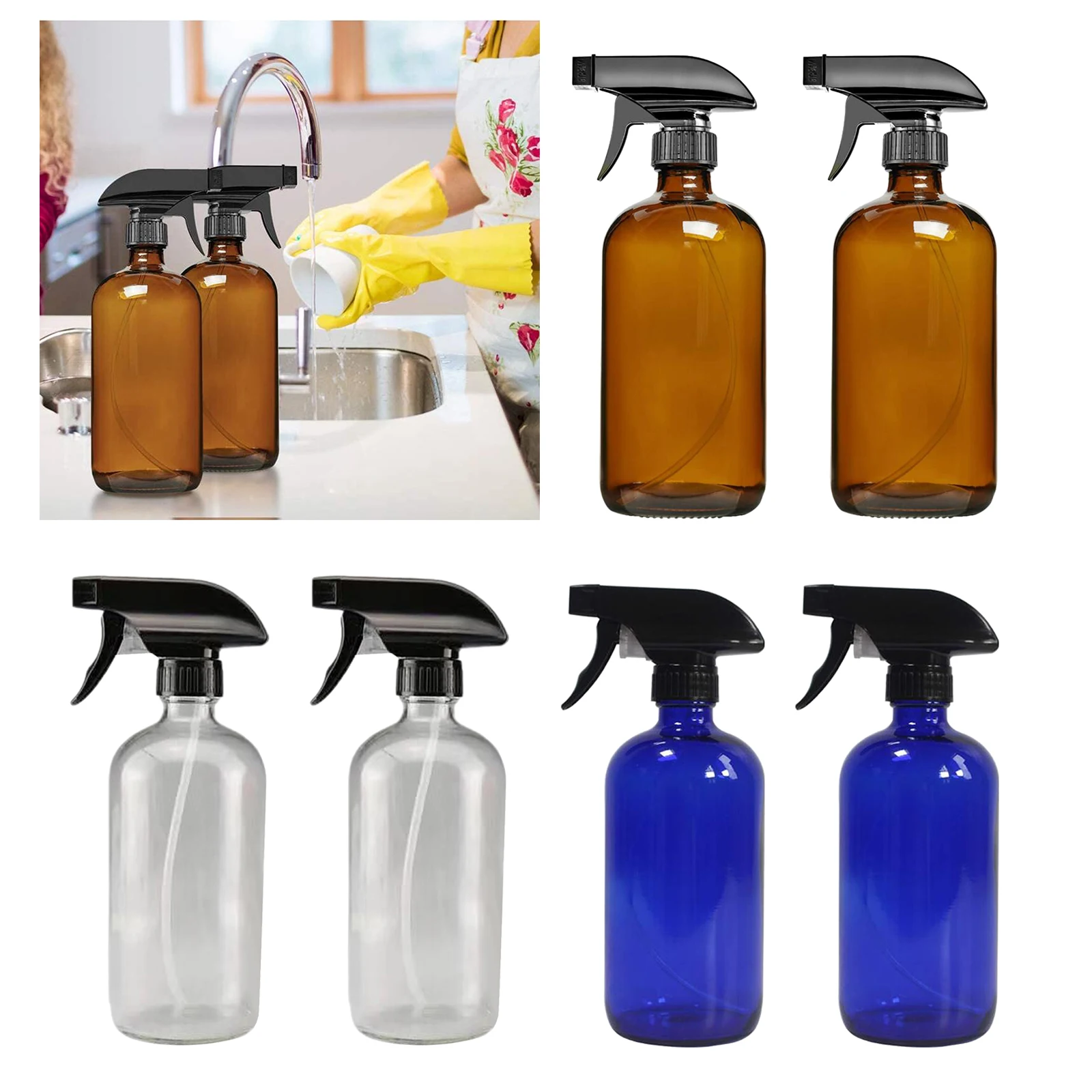 2pcs 250/500ml Boston Empty Amber/Blue Glass Spray Bottles Container Trigger Spray Bottles Mister Bottles Refillable Bottles