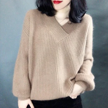 women solid loose pullovers V neck kahaki lantern sleeve female sweater 2020 winter autumn casual pull jumpers jersey mujer
women solid loose pullovers V neck kahaki lantern sleeve female sweater 2020 winter autumn casual pull jumpers jersey mujer