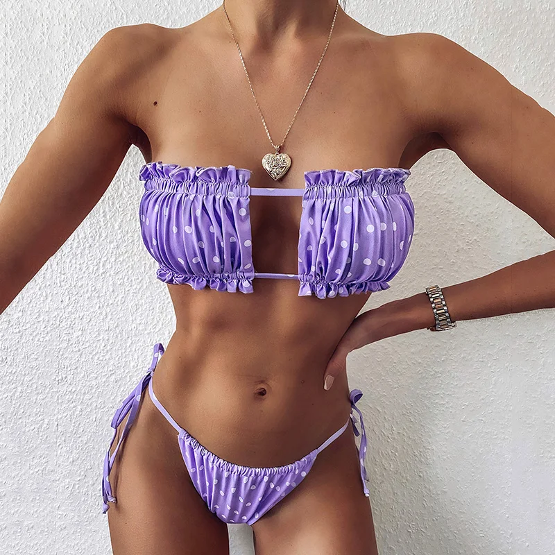 

New Sexy Pleated Bandeau Polka Dot Bikini 2023 Women Swimsuit Female Swimwear Brazilian Bikini set Bather Ruffled Bathing Suit