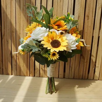 

Autumn Yellow Bouquet Bride Hand Hold flower Artificial Sunflower Bridal Wedding Bouquet Vintage Ramo De Flores De Novia