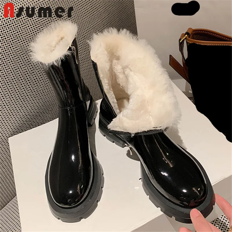 

Asumer 2022 New Arrive Wool Snow Boots Women Low Heels Casual Shoes Genuine Leather Boots Zip Black Winter Ankle Boots Women