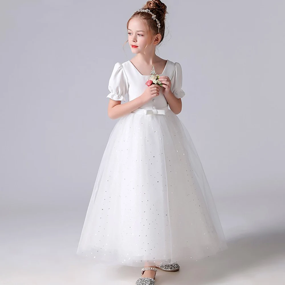 

Elegant Christmas Tulle Flower Girl Dresses Junior Bridesmaid Dress Sparkly Kids For Wedding Pageant Gowns Ivory