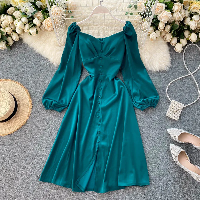 Vintage Green Satin Dress Women Autumn High Waist Long Sleeve Slim Casual Single-Breasted Female Party Night Fashion Vestidos
Vintage Green Satin Dress Women Autumn High Waist Long Sleeve Slim Casual Single-Breasted Female Party Night Fashion Vestidos