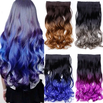 

AOSIWIG 60CM Long Wavy Clip In Hair Extensions Ombre Blue Grey Color Heat Resistant Synthetic 5 Clips Natural Fake Hairpiece