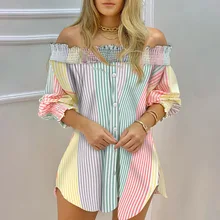 2021 Women Fashion Striped Print Shirt Lady Long Sleeve Blouse Off Shoulder Ruched Button Design Casual Tops 
2021 Women Fashion Striped Print Shirt Lady Long Sleeve Blouse Off Shoulder Ruched Button Design Casual Tops