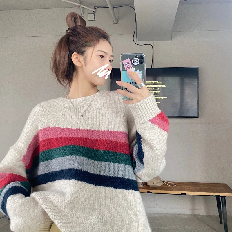 2020 Autumn Winter Women Harajuku Rainbow Sweater Casual Sweaters Female Striped Pullovers Knit Fashion Loose Tops Jumper
2020 Autumn Winter Women Harajuku Rainbow Sweater Casual Sweaters Female Striped Pullovers Knit Fashion Loose Tops Jumper